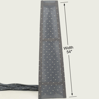 Gray fabric with a subtle pattern and measurement details on a white background
