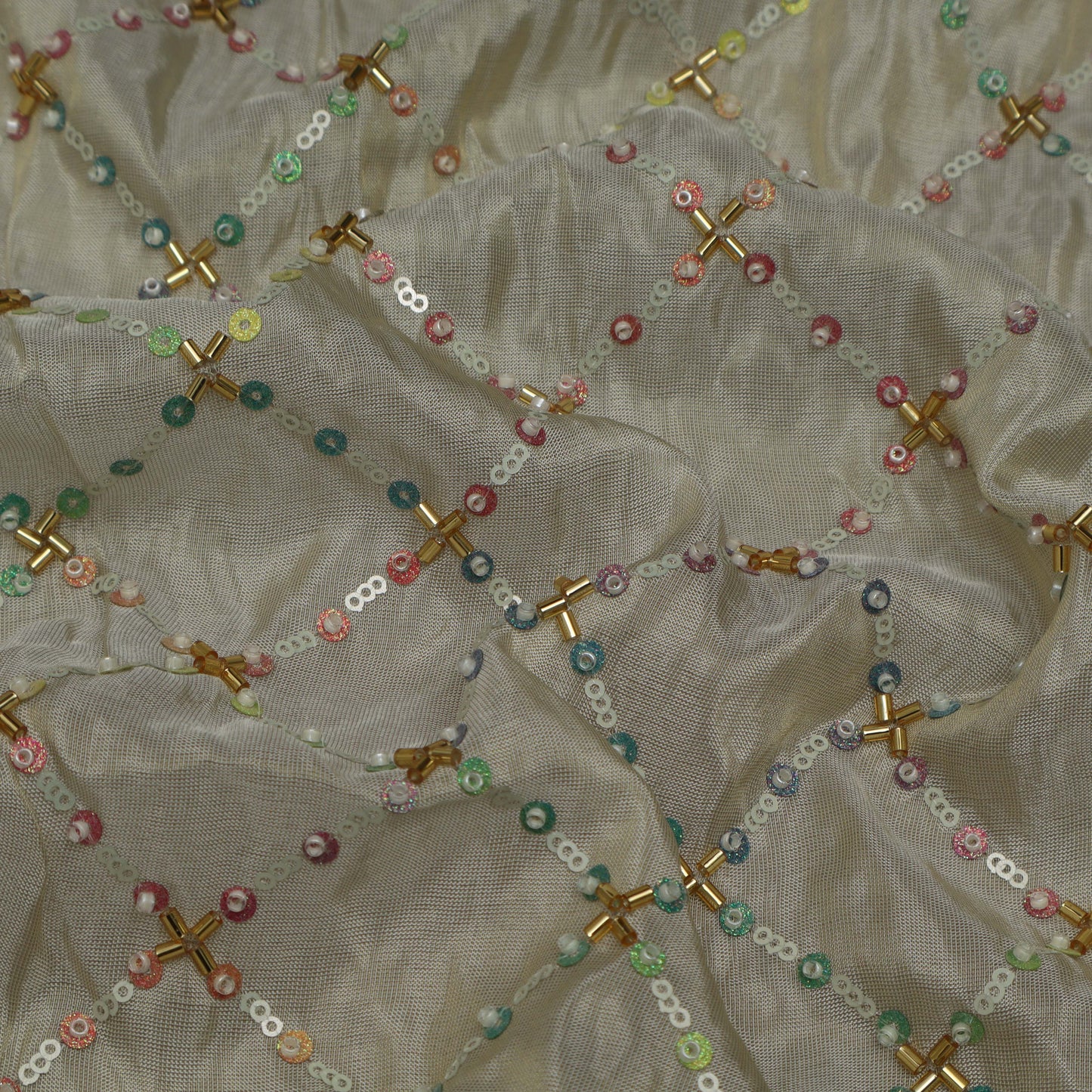 Beige Color Tissue Embroidery Fabric