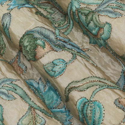 Beige Color Tissue Position Print Embroidery Fabric