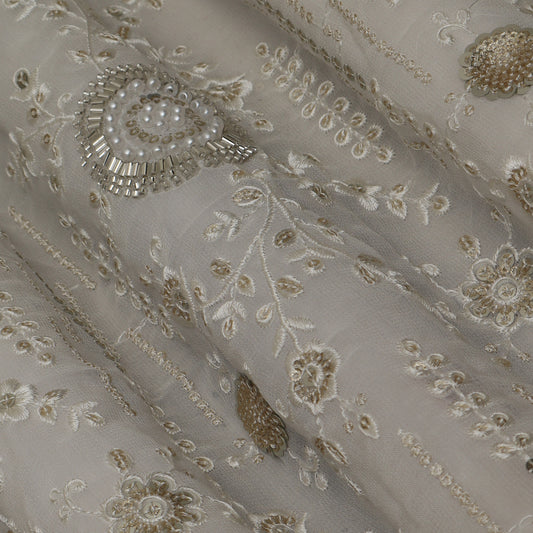 White Color Georgette  Embroidery Fabric
