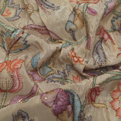 Beige Color Tissue Position Print Embroidery Fabric