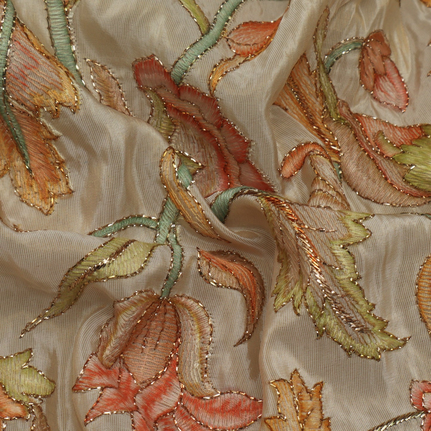 Beige Color Tissue Position Print Embroidery Fabric