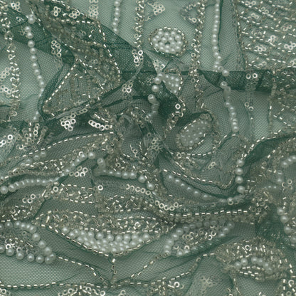 Bottle Green Color Net Sequince Embroidery Fabric