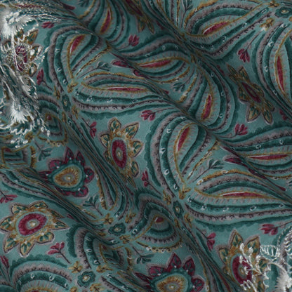 Sea Green Color Cotton Print Embroidery Fabric