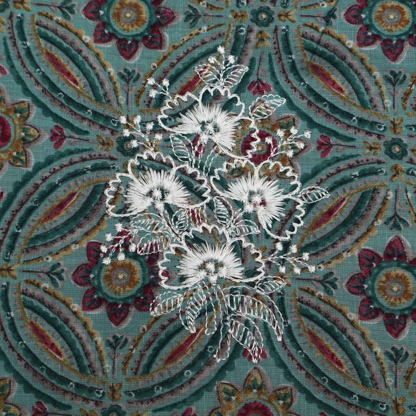 Sea Green Color Cotton Print Embroidery Fabric