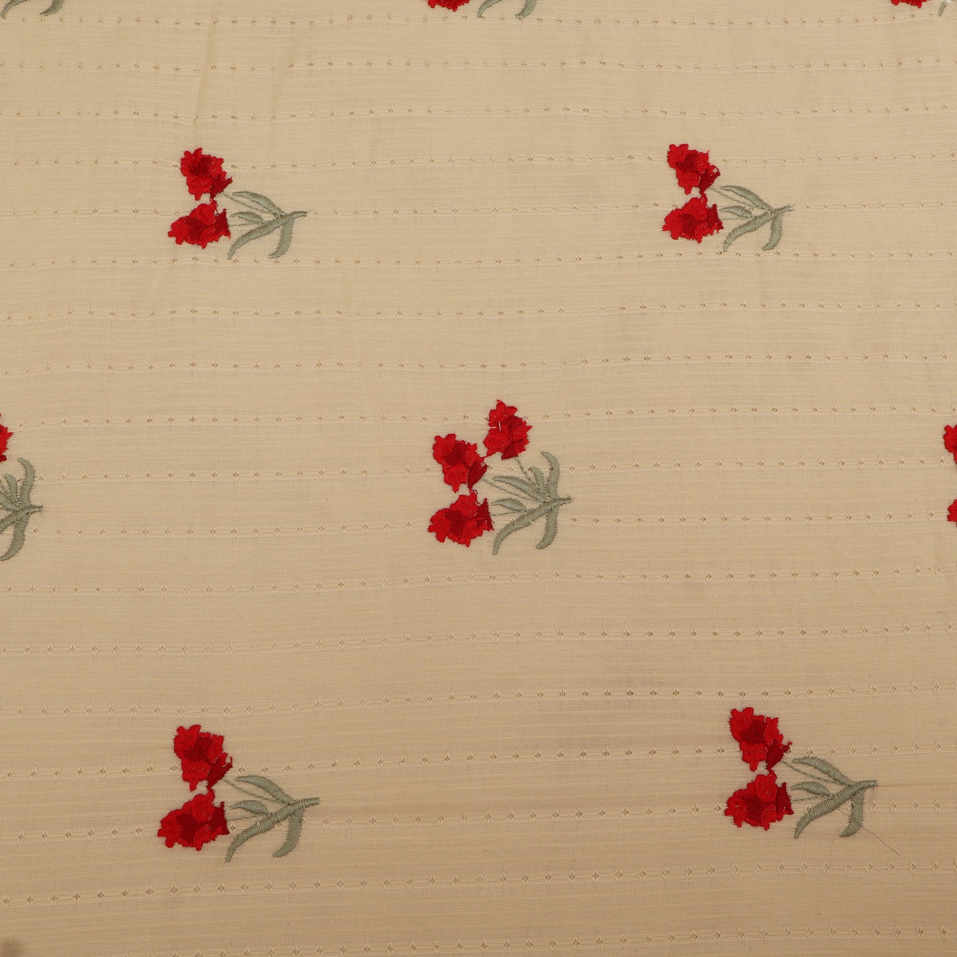 Beige fabric with red floral patterns
