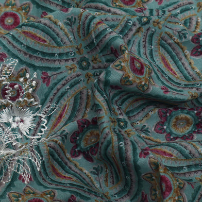 Sea Green Color Cotton Print Embroidery Fabric