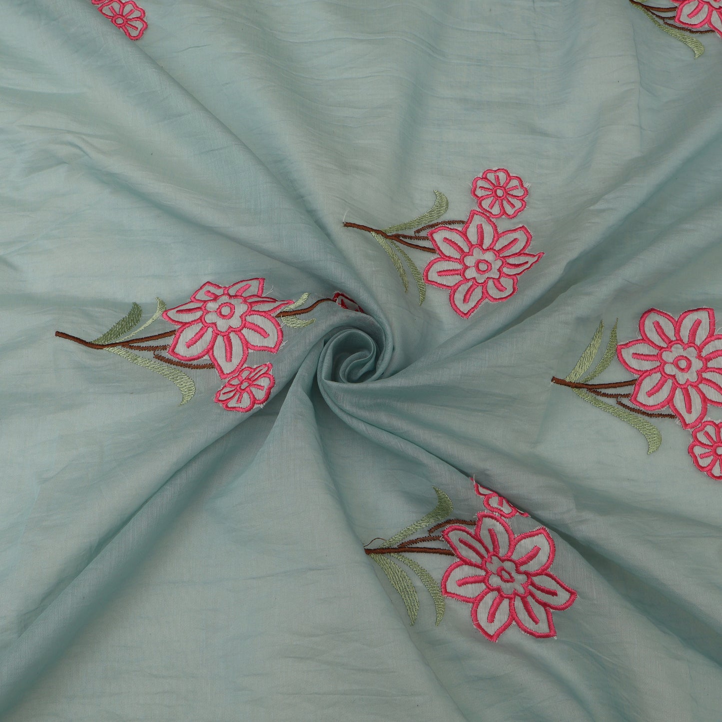 Light blue fabric with pink floral embroidery