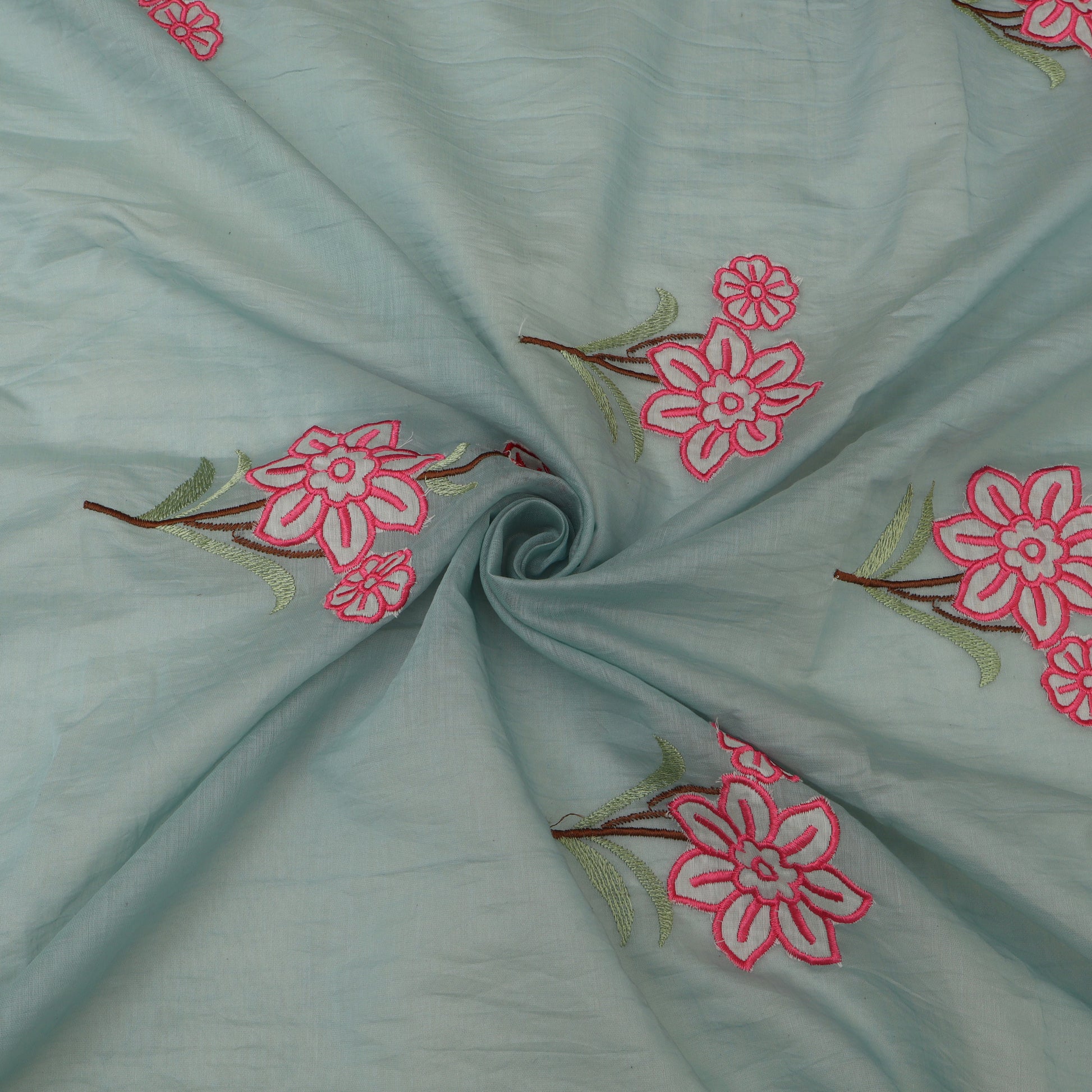 Light blue fabric with pink floral embroidery