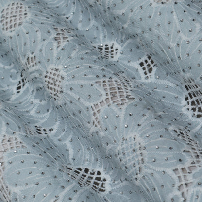 Sky Blue Color Crepe Chikan Embroidery Fabric