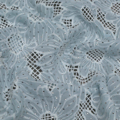 Sky Blue Color Crepe Chikan Embroidery Fabric