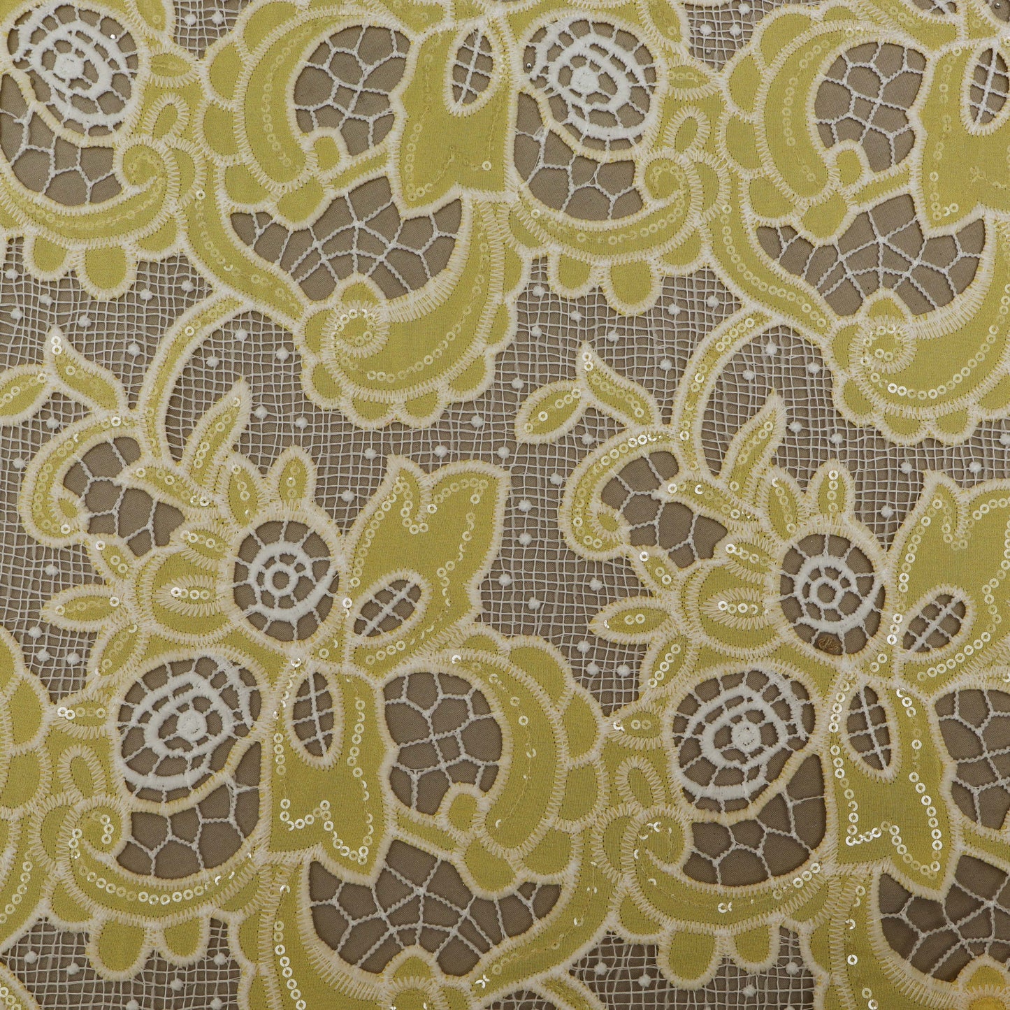 Yellow Color Crepe Chikan Embroidery Fabric