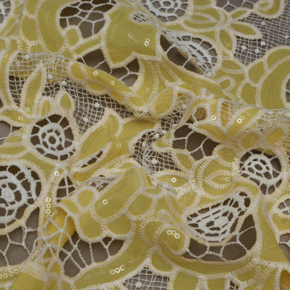 Yellow Color Crepe Chikan Embroidery Fabric