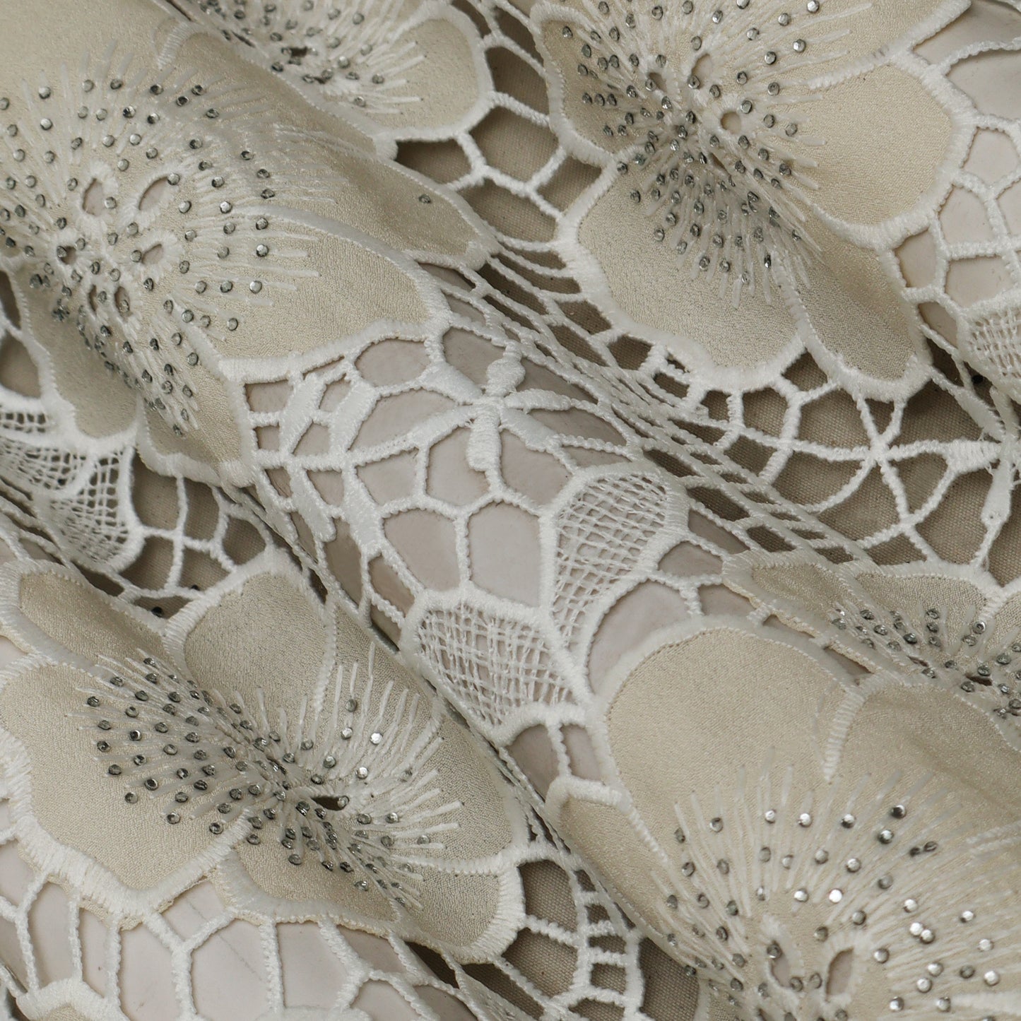 Beige Color Crepe Chikan Embroidery Fabric