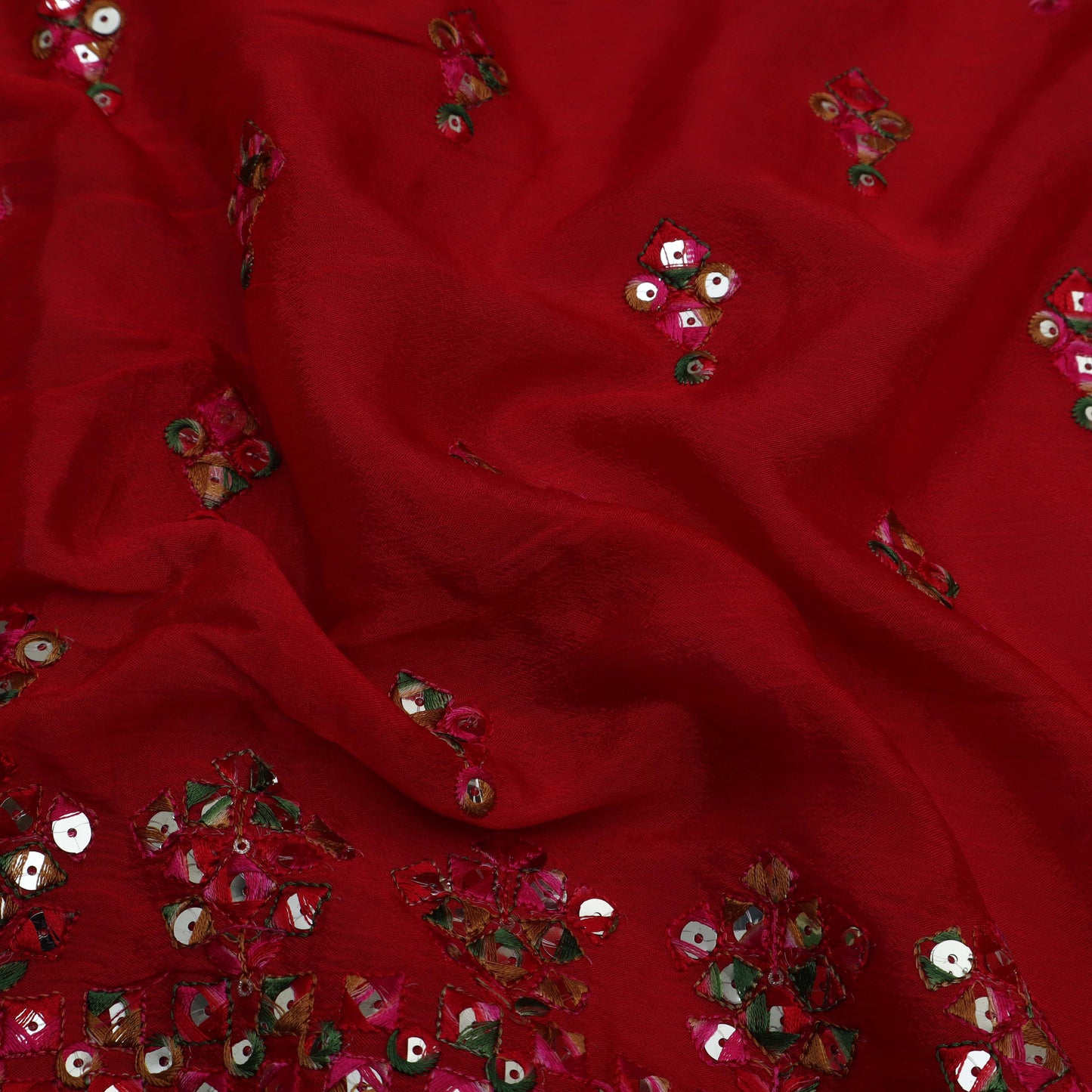 Red Color Chinon Chiffon Embroidery Fabric