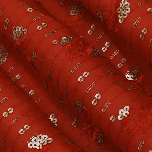 Red Color Chinon Chiffon Embroidery Fabric