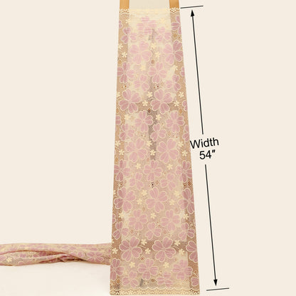 Floral lace fabric with a width measurement of 54 inches on a beige background