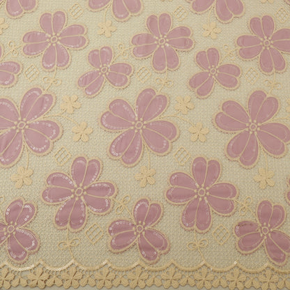 Patterned fabric with pink flowers and beige background