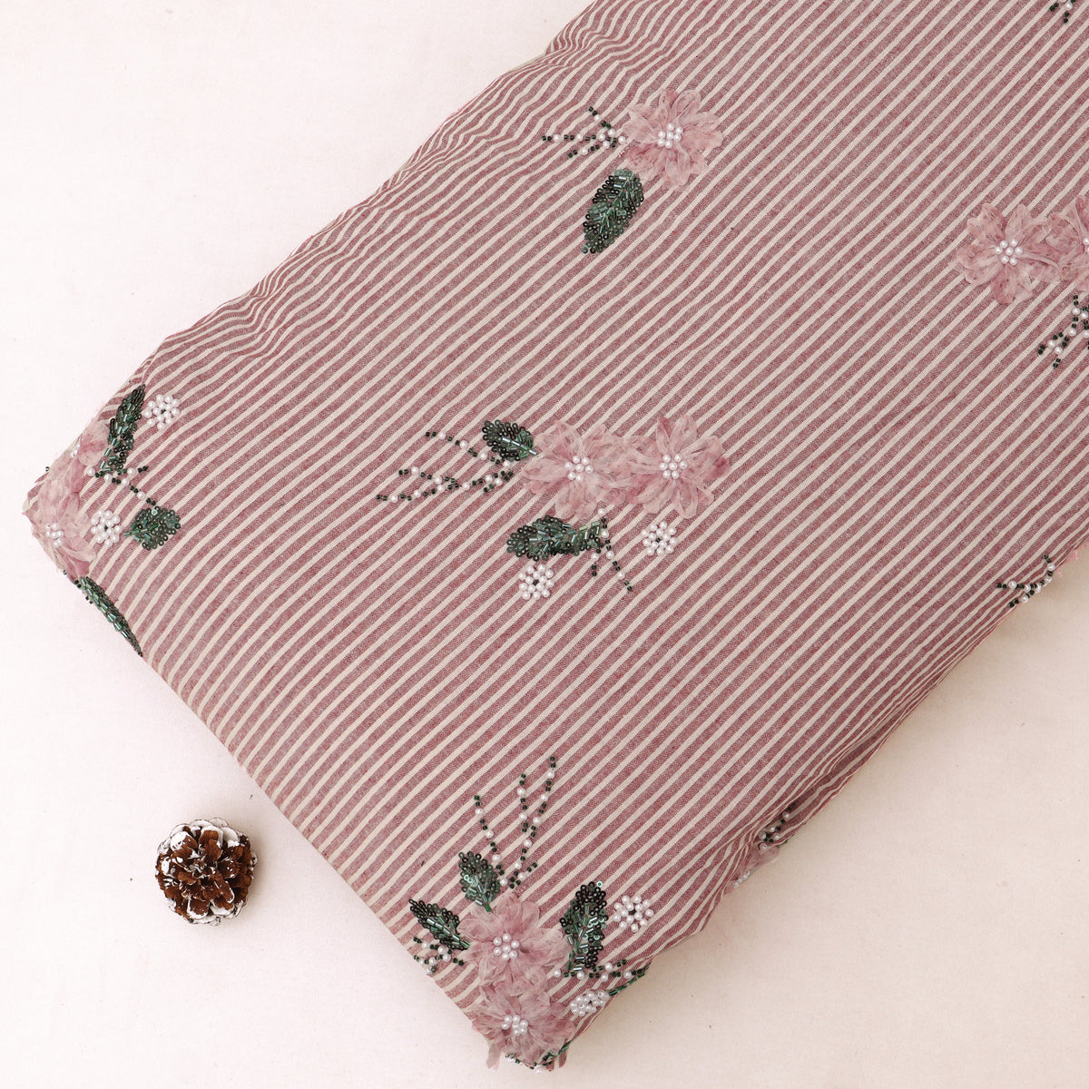 Pink Cotton Stripe Embroidery Fabric