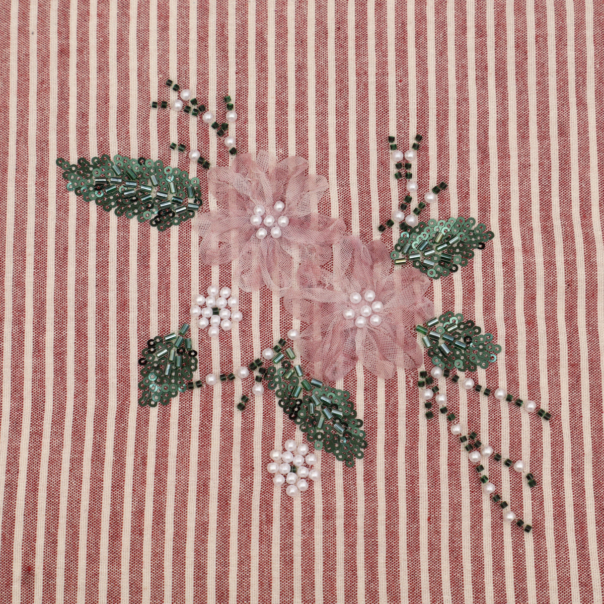 Pink Cotton Stripe Embroidery Fabric