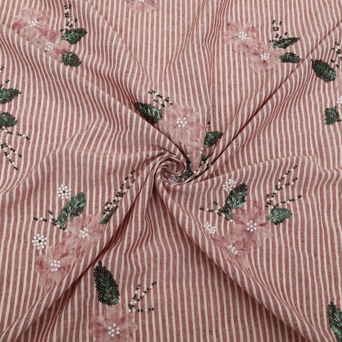 Pink Cotton Stripe Embroidery Fabric