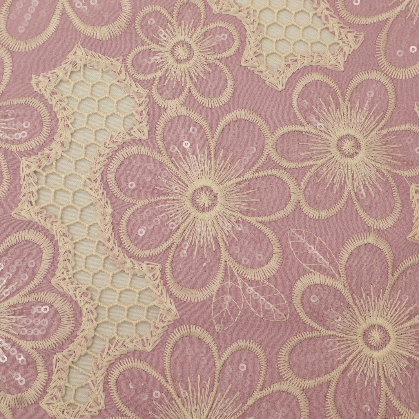 Decorative pattern with flowers and geometric shapes on a pink background