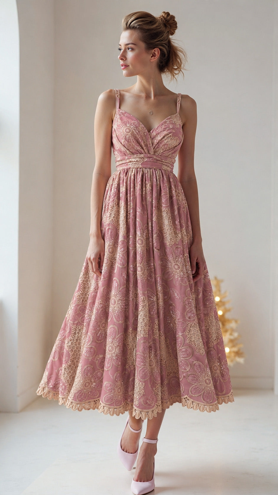 Woman wearing a pink lace dress in a softly lit room.