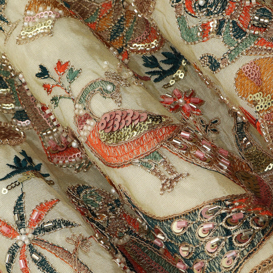 Beige Color Tissue Embroidery Fabric