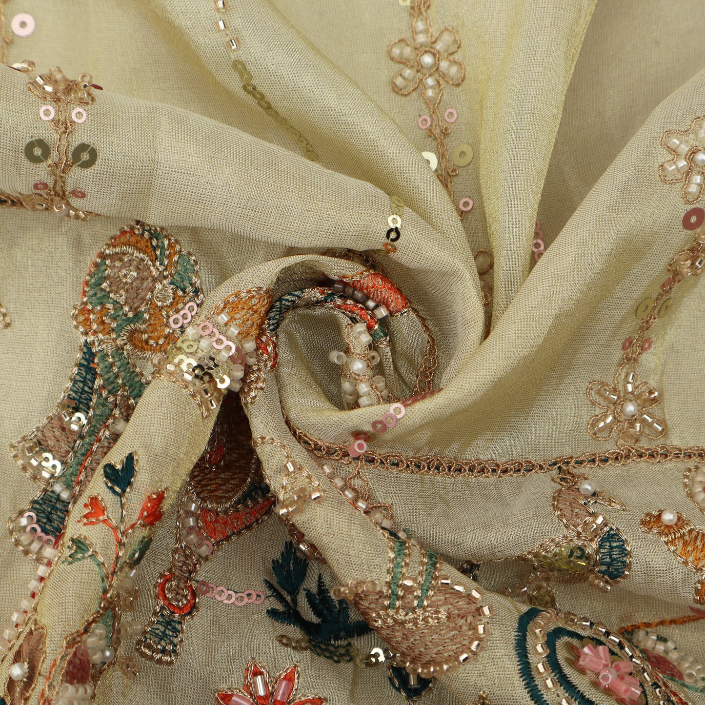 Beige Color Tissue Embroidery Fabric