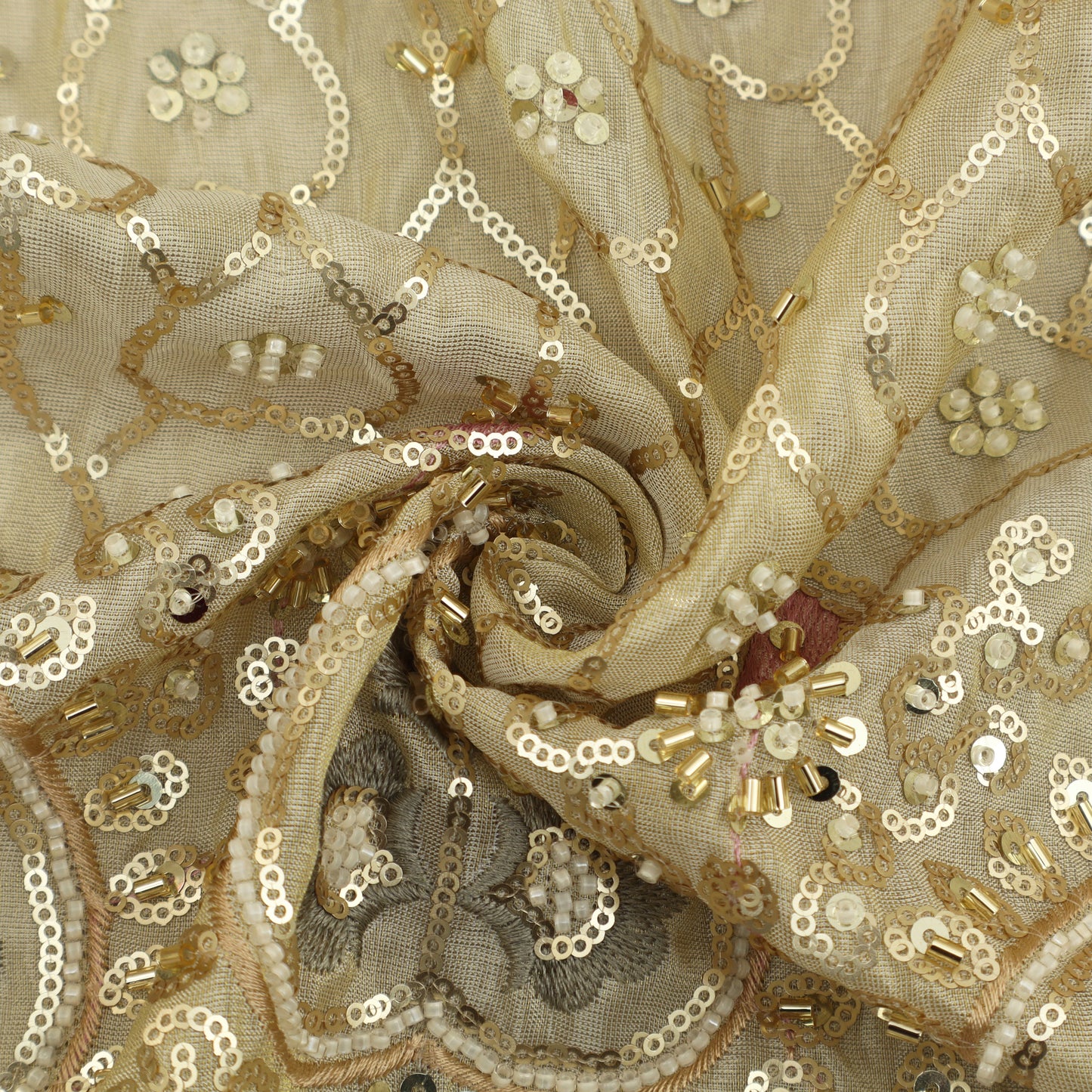 Beige Color Tissue Embroidery Fabric