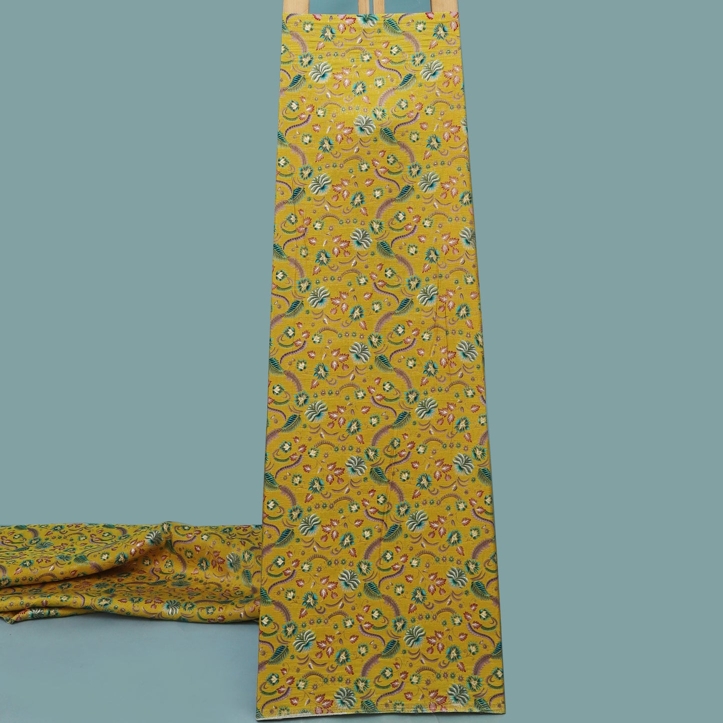 Yellow Color Dola Silk Jaquard Floral Print Fabric