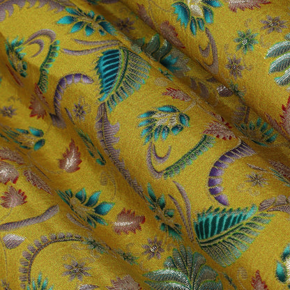 Yellow Color Dola Silk Jaquard Floral Print Fabric