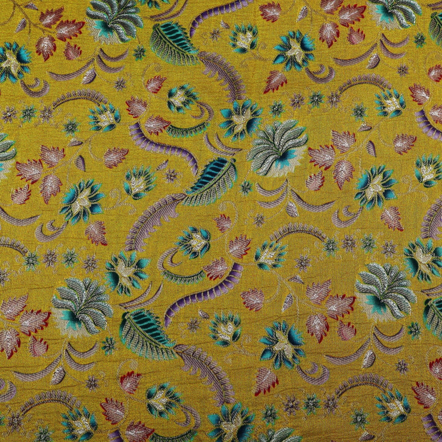 Yellow Color Dola Silk Jaquard Floral Print Fabric