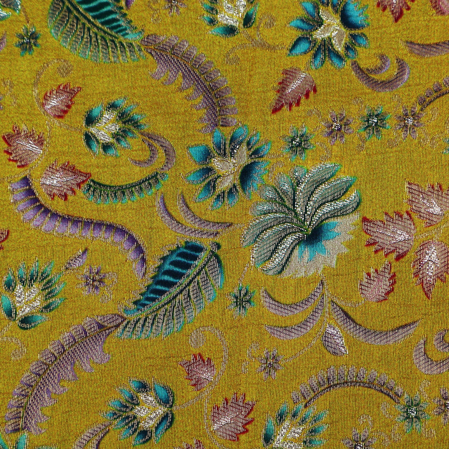 Yellow Color Dola Silk Jaquard Floral Print Fabric