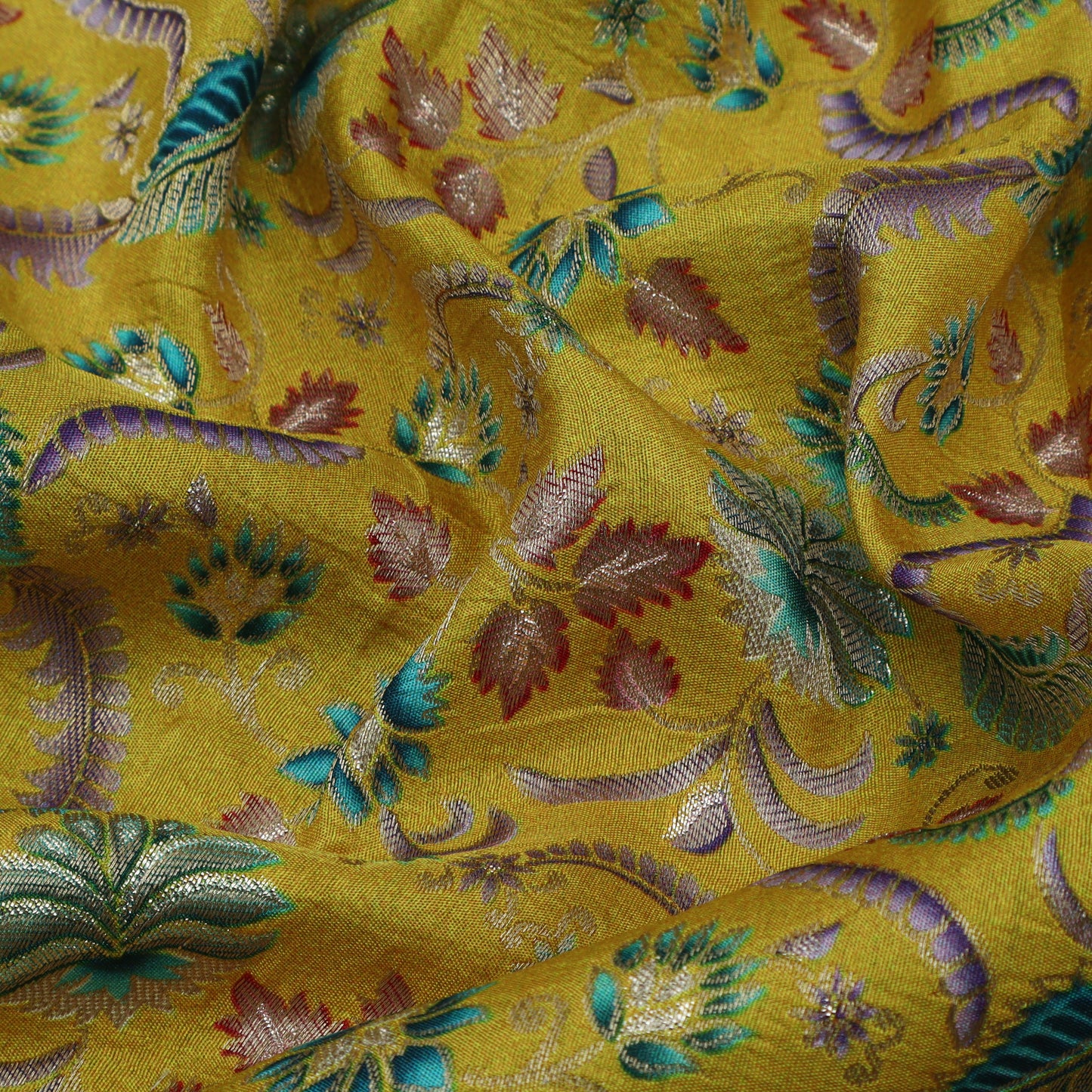 Yellow Color Dola Silk Jaquard Floral Print Fabric