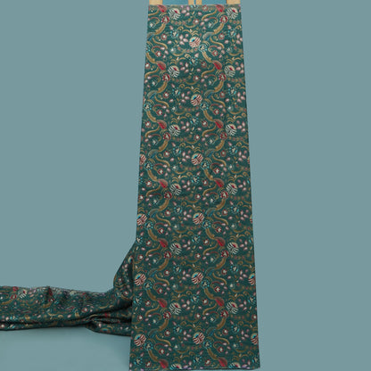 Teal Blue Color Dola Silk Jaquard Floral Print Fabric