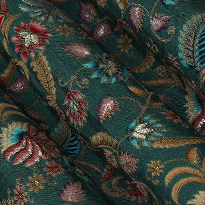 Teal Blue Color Dola Silk Jaquard Floral Print Fabric