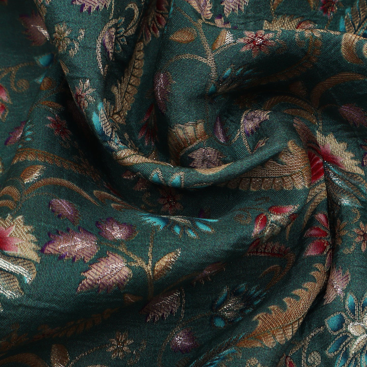 Teal Blue Color Dola Silk Jaquard Floral Print Fabric