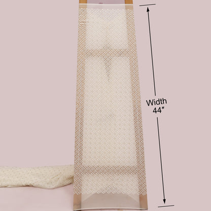 Beige towel with decorative border and measurement label on a White background