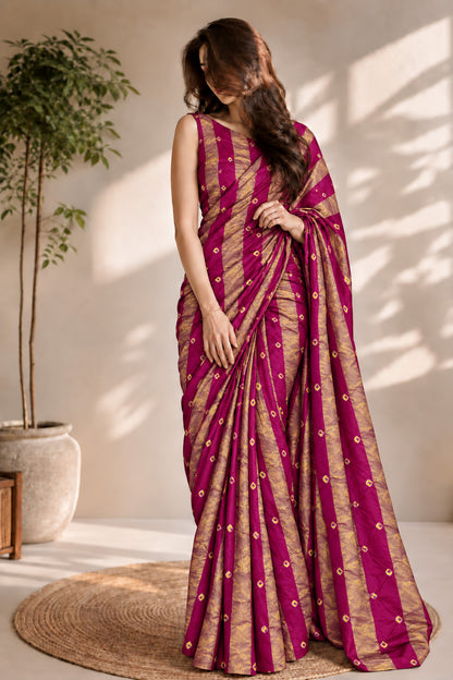 Hot Pink Stripe Pure Bandhani Brocade Fabric