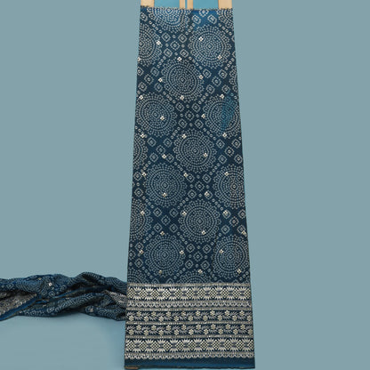 Blue Color Tissue Print Border Embroidery Fabric