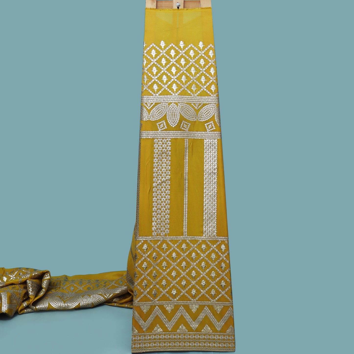 Mustard Color Tissue Border Embroidery Fabric