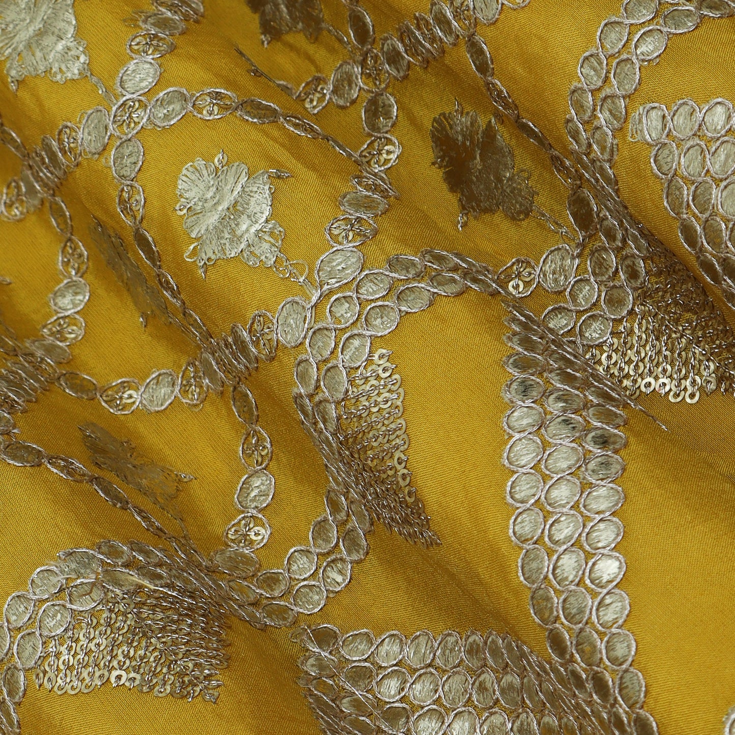 Mustard Color Tissue Border Embroidery Fabric