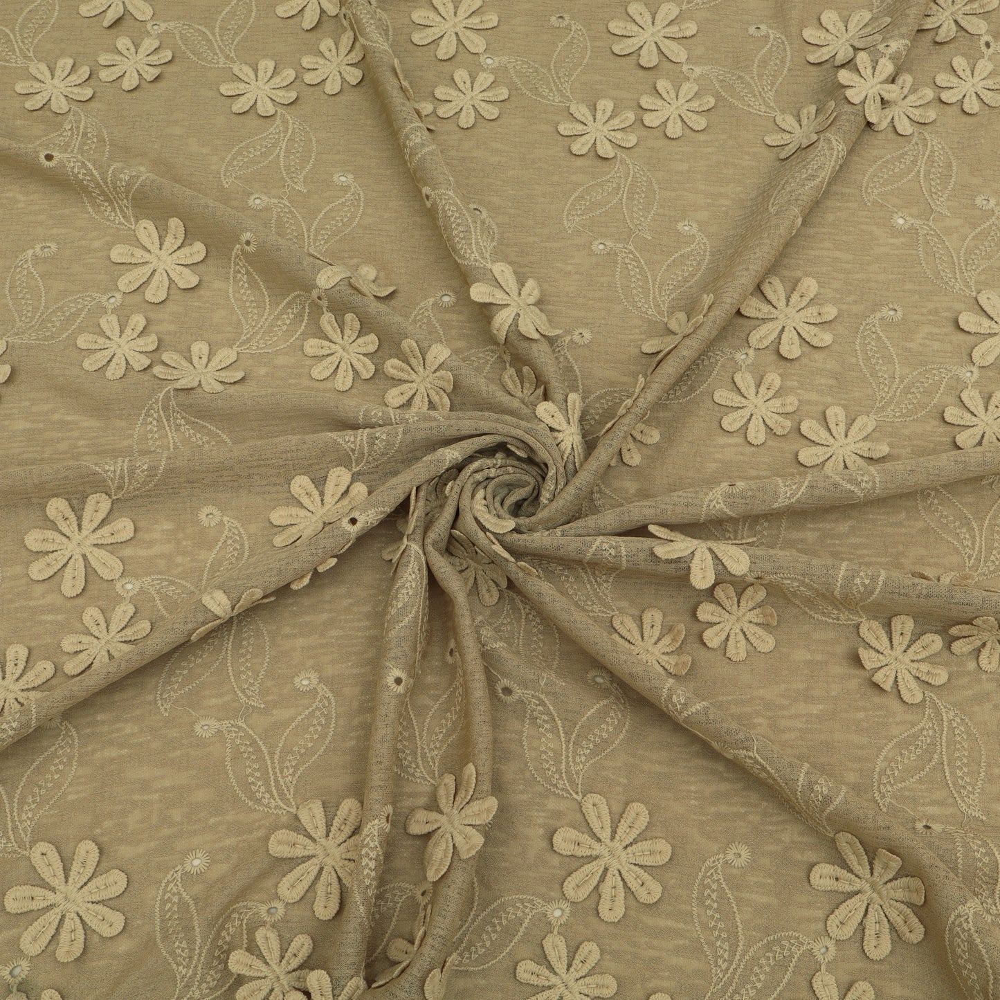 Brown fabric with floral embroidery pattern