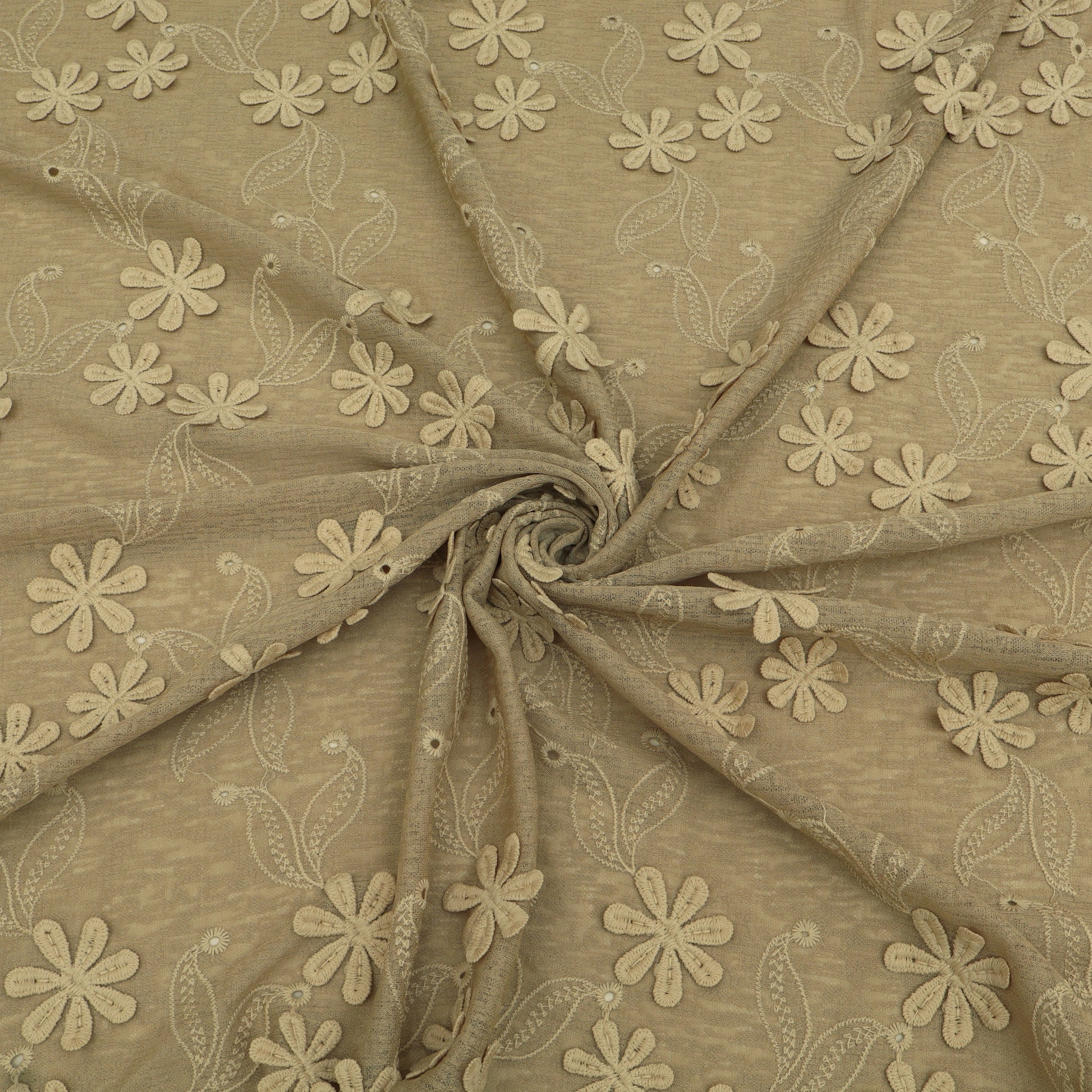 Brown fabric with floral embroidery pattern