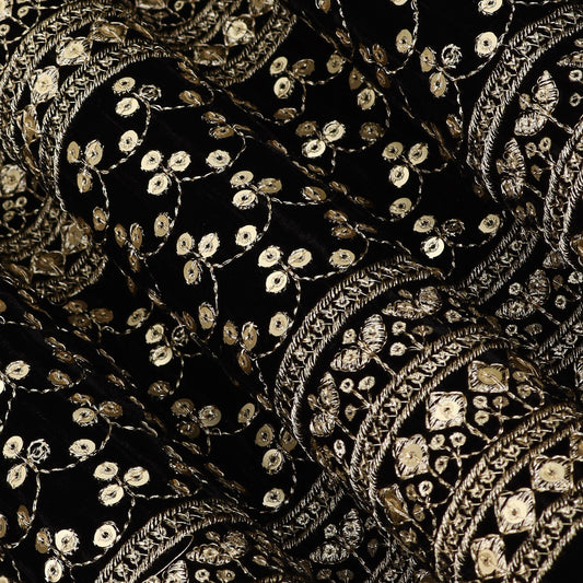 Black Color Crush Velvet Border Embroidery Fabric