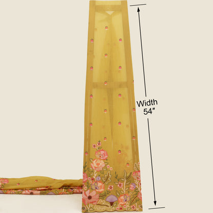 Yellow scarf with floral patterns and measurements on a beige background