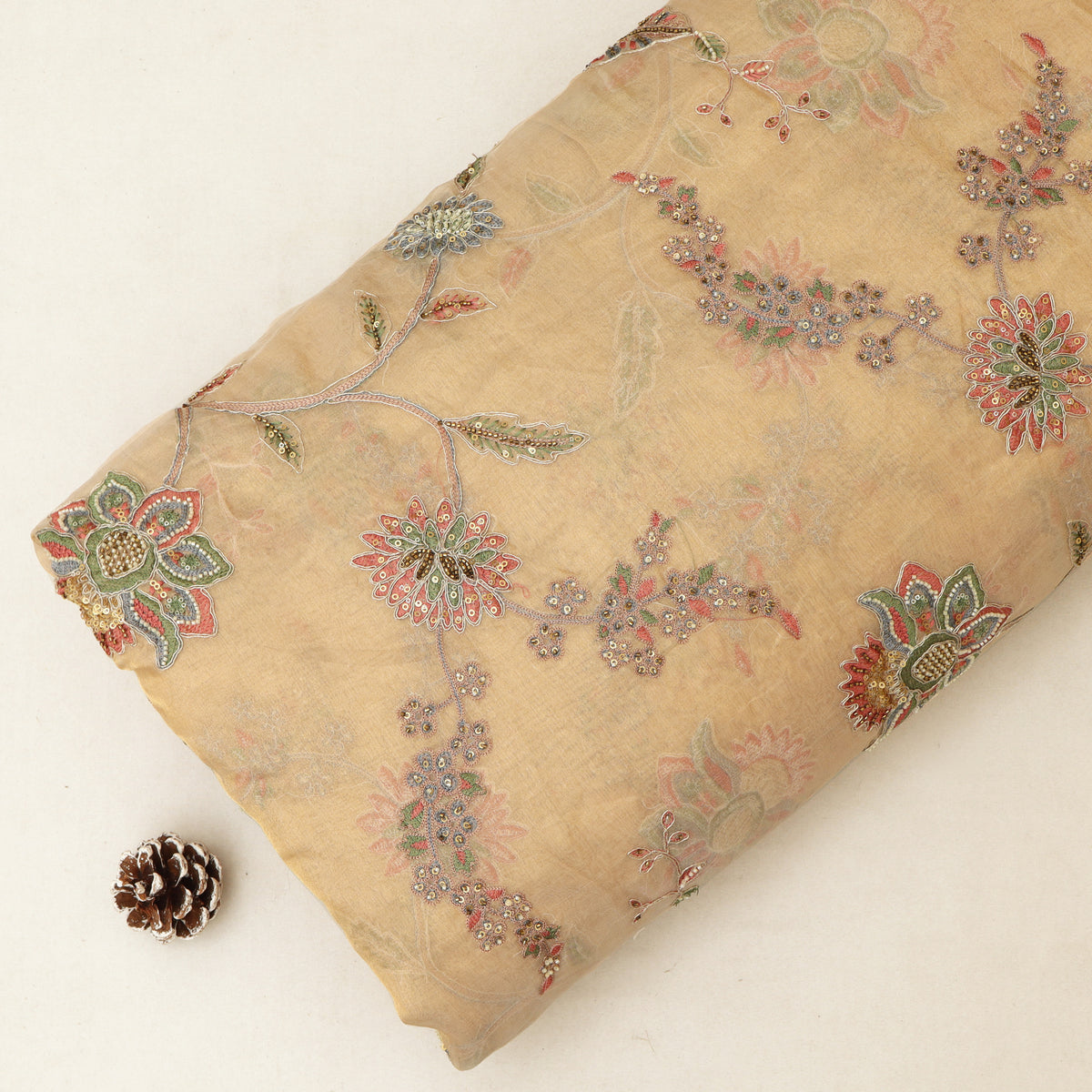 Beige Pure Tissue Embroidered Fabric