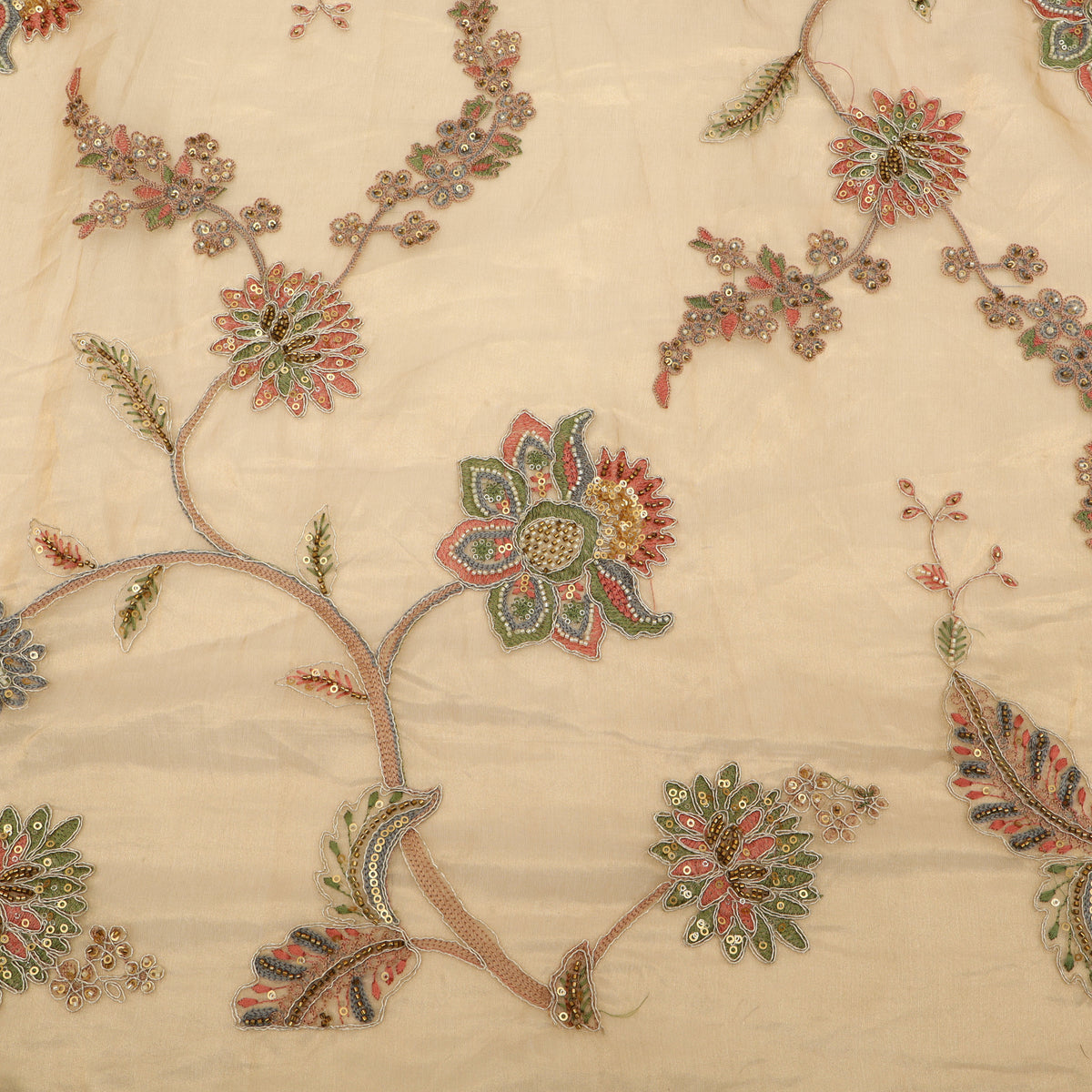 Beige Pure Tissue Embroidered Fabric