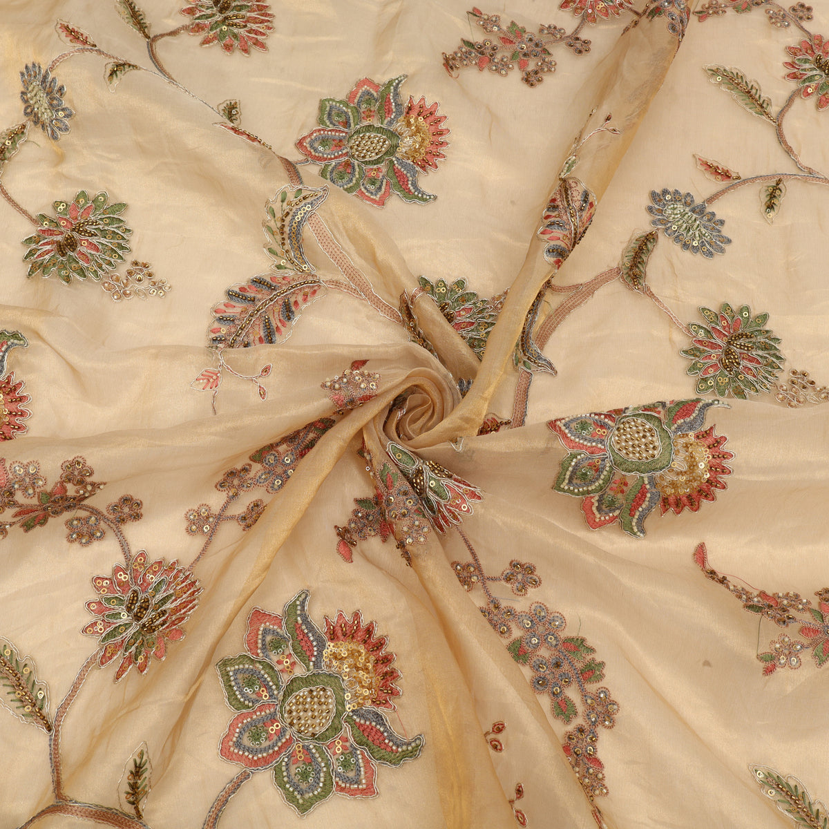Beige Pure Tissue Embroidered Fabric